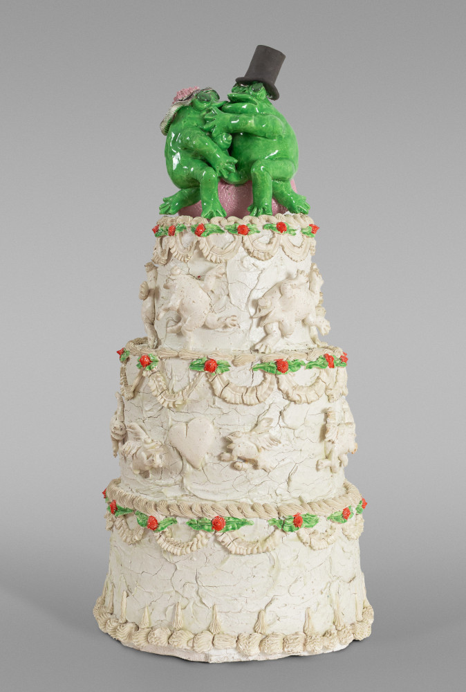 David Gilhooly Erotic Frog Wedding Cake #6, 1979 glazed and painted earthenware 28 1/2 x 14 1/2 in.