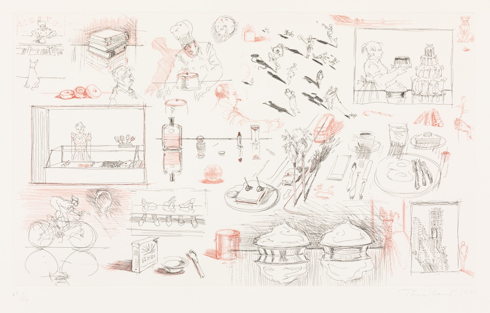 Wayne Thiebaud Sketches, 1995 hard ground etching printed in red and black, ed. 25/50 13 x 21 3/4 in. [image]; 21 3/4 x 30 in. [sheet]