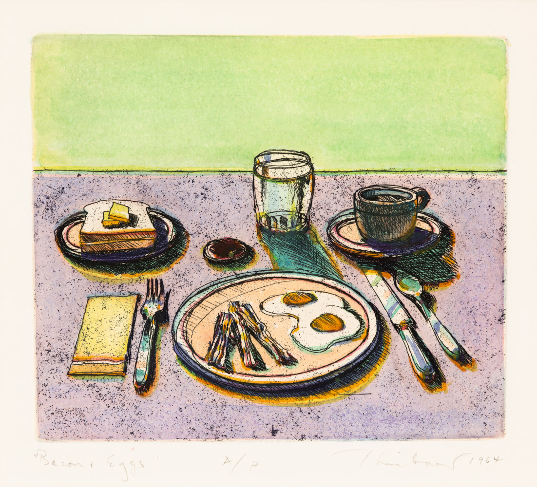 Wayne Thiebaud Bacon &amp; Eggs, 1964 watercolor over etching, A.P. 5 x 6 in. (image)