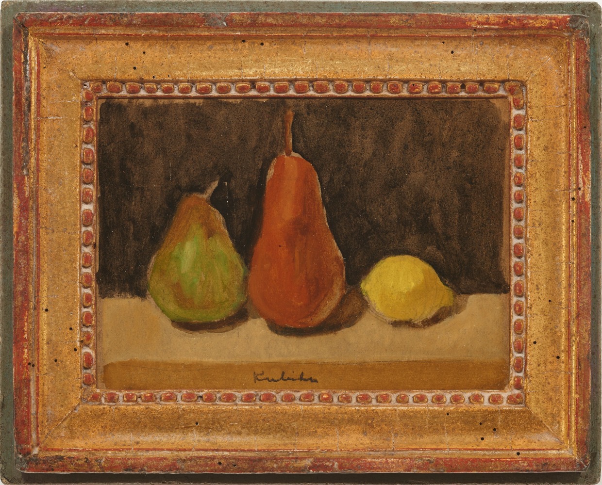 Robert M. Kulicke Two Pears and a Lemon on a Brown Surface against a Black Background, n.d. oil on cardboard 6 1/8 x 8 9/16 in.