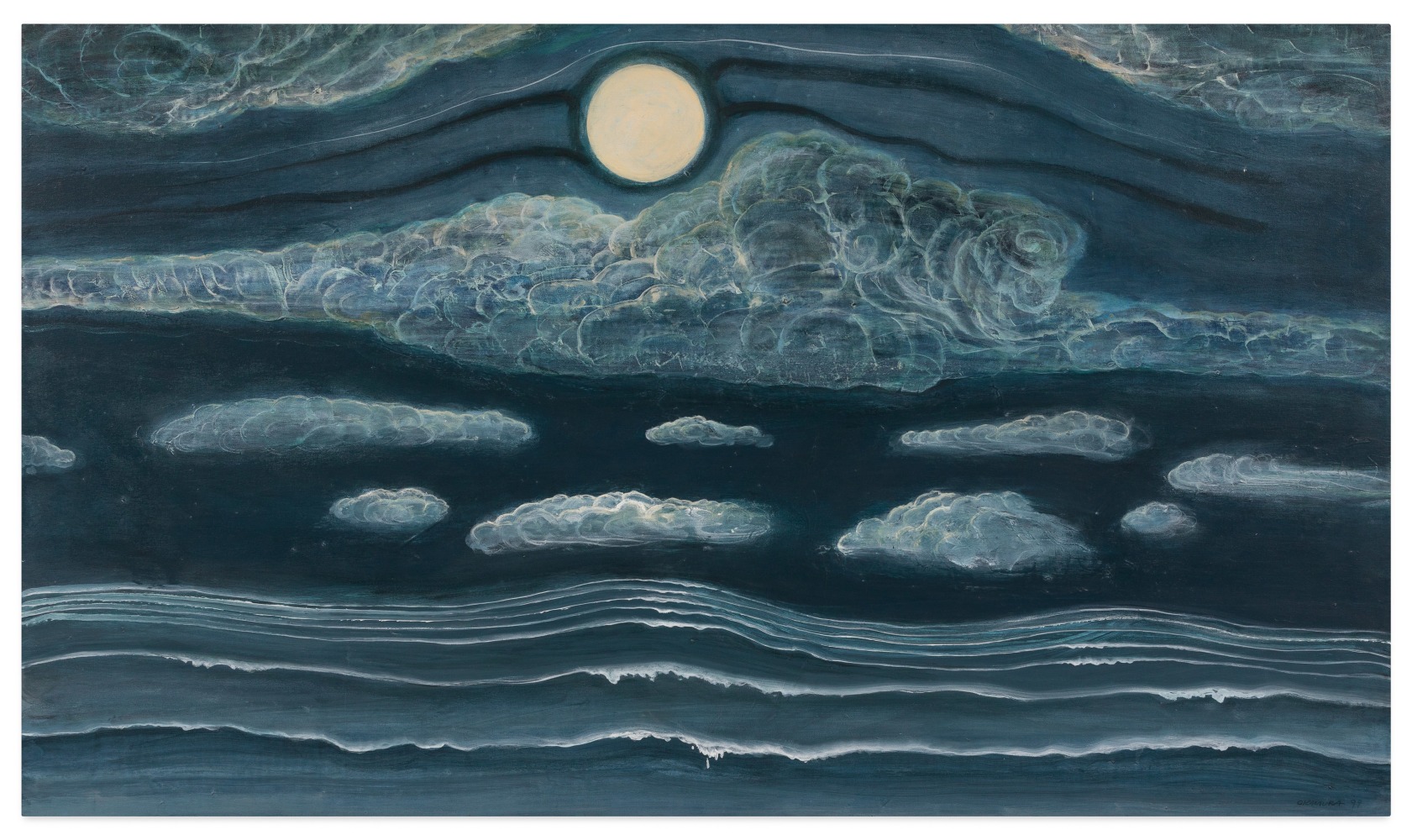 Image of Arthur Okamura's painting Moon Pull (for Albert Ryder), created in 1999.  It is made of acrylic on canvas and measures 28 x 48 inches.