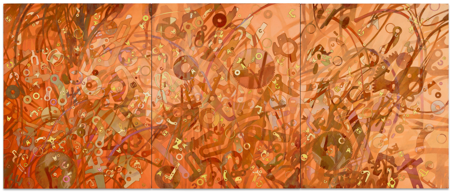 Sono Osato Diluvia 1, 2021 tinted rabbit skin glue ground and oil on panel triptych, 30 x 72 in.