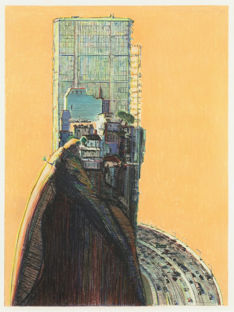 Wayne Thiebaud Apartment Hill, 1986 pastel over drypoint etching 24 x 18 in.