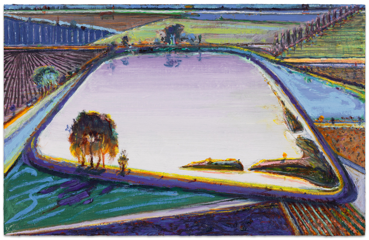 Wayne Thiebaud Irrigation Pond, 1995/2015 acrylic on Masonite 15 1/4 x 23 7/8 in.