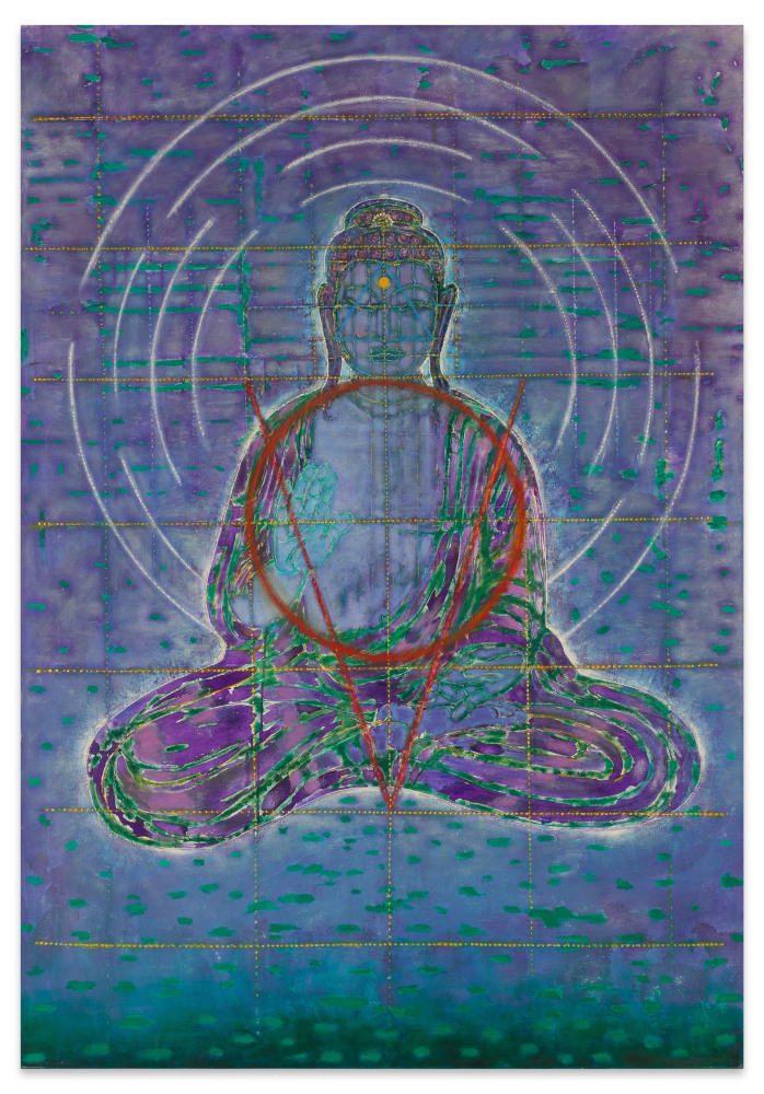 Image of Arthur Okamura's American Buddha painting from 1994,  acrylic on canvas  68 1/4 x 47 1/4 inches