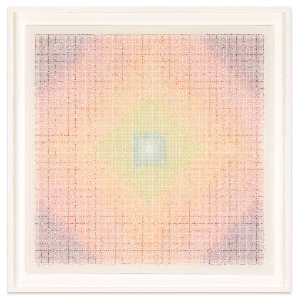 Mary Ijichi Assemblage #28, 2024 colored pencil, mylar, plastic, beads, acrylic, artist's tape, and museum board 27 5/8 x 27 3/8 in. (frame)