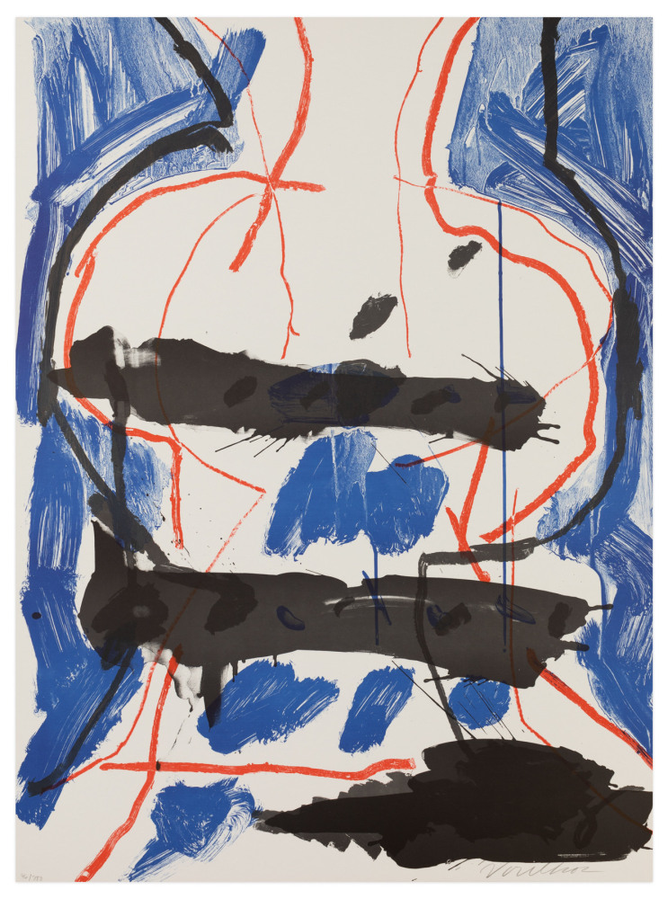A color lithograph by Peter Voulkos, titled &quot;Abstract VIII: I Got the Cobalt Blues&quot; from 1979, depicting an abstracted stacked from.
