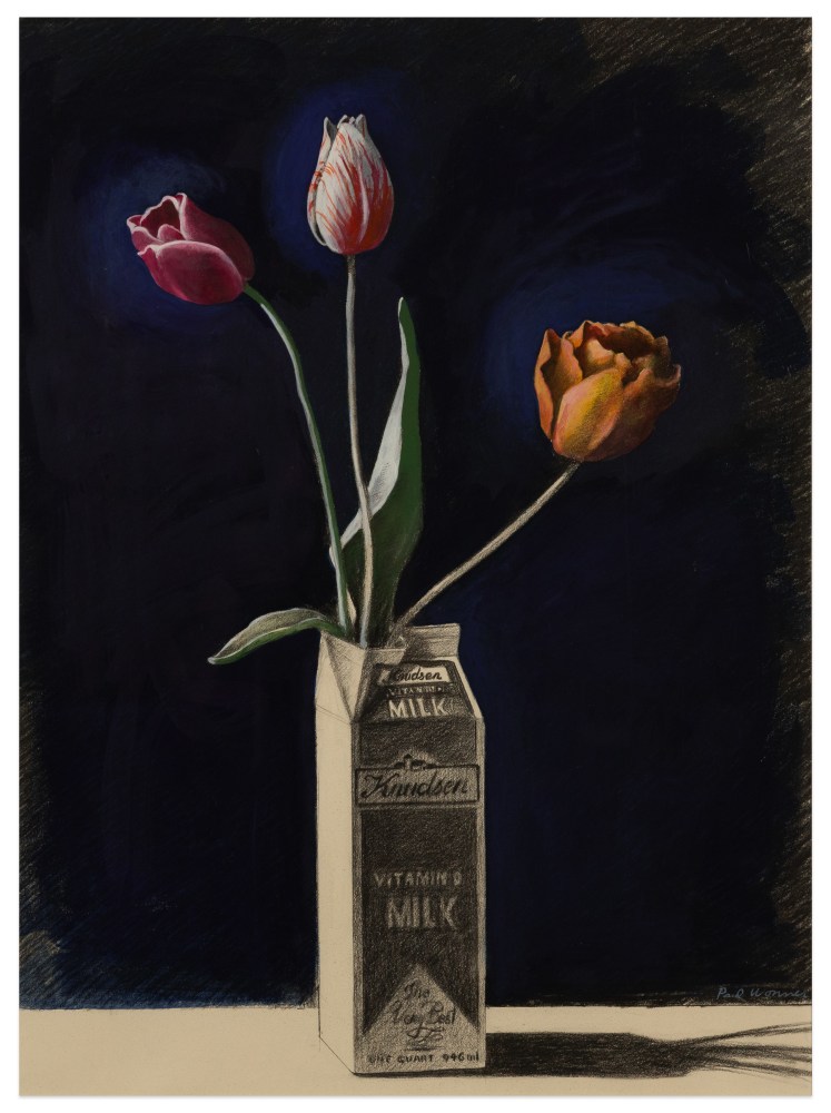 Paul Wonner Tulips in Milk Carton, n.d. acrylic and watercolor on paper 25 x 18 1/2 in.