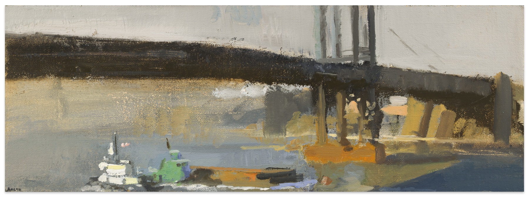 Laura Adler Under the Bridge, Two Tugs, 2013 oil on linen 5 x 14 in.