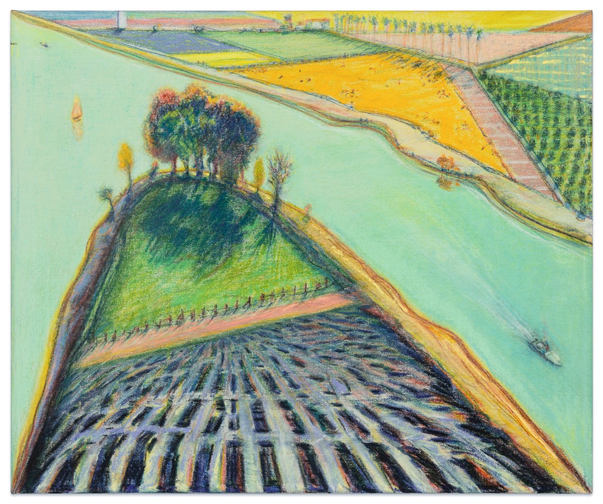 Wayne Thiebaud River Delta with Boat, 2001-2002 pastel on canvas 19 3/4 x 23 1/2 in.