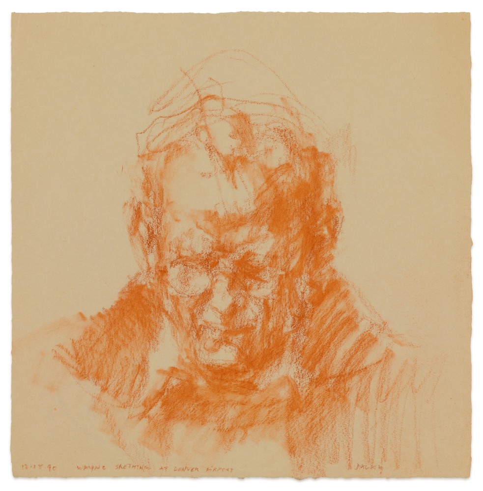 Fred Dalkey Wayne Sketching at Denver Airport, 12/18/1990 sanguine Conté crayon on paper 9 x 9 in. (image)