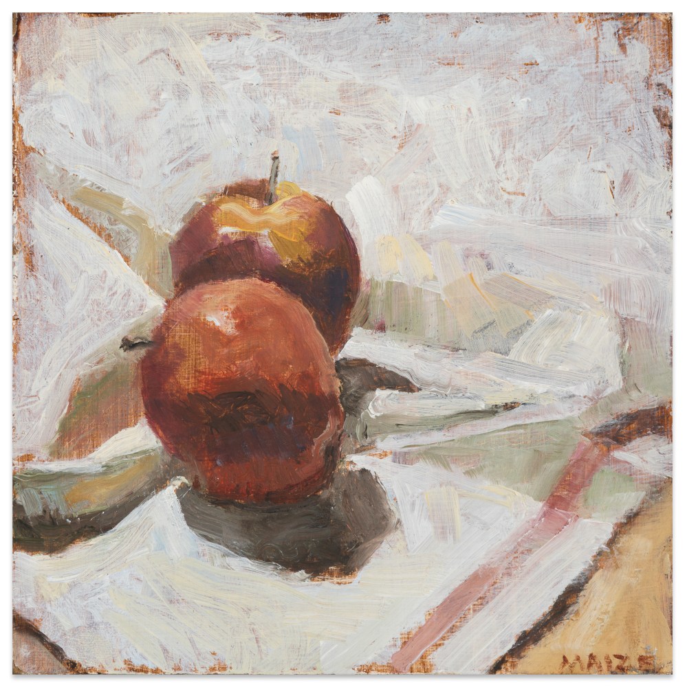 Catherine Maize Apples on Tea Towel, 2022 oil on panel 5 x 5 in.