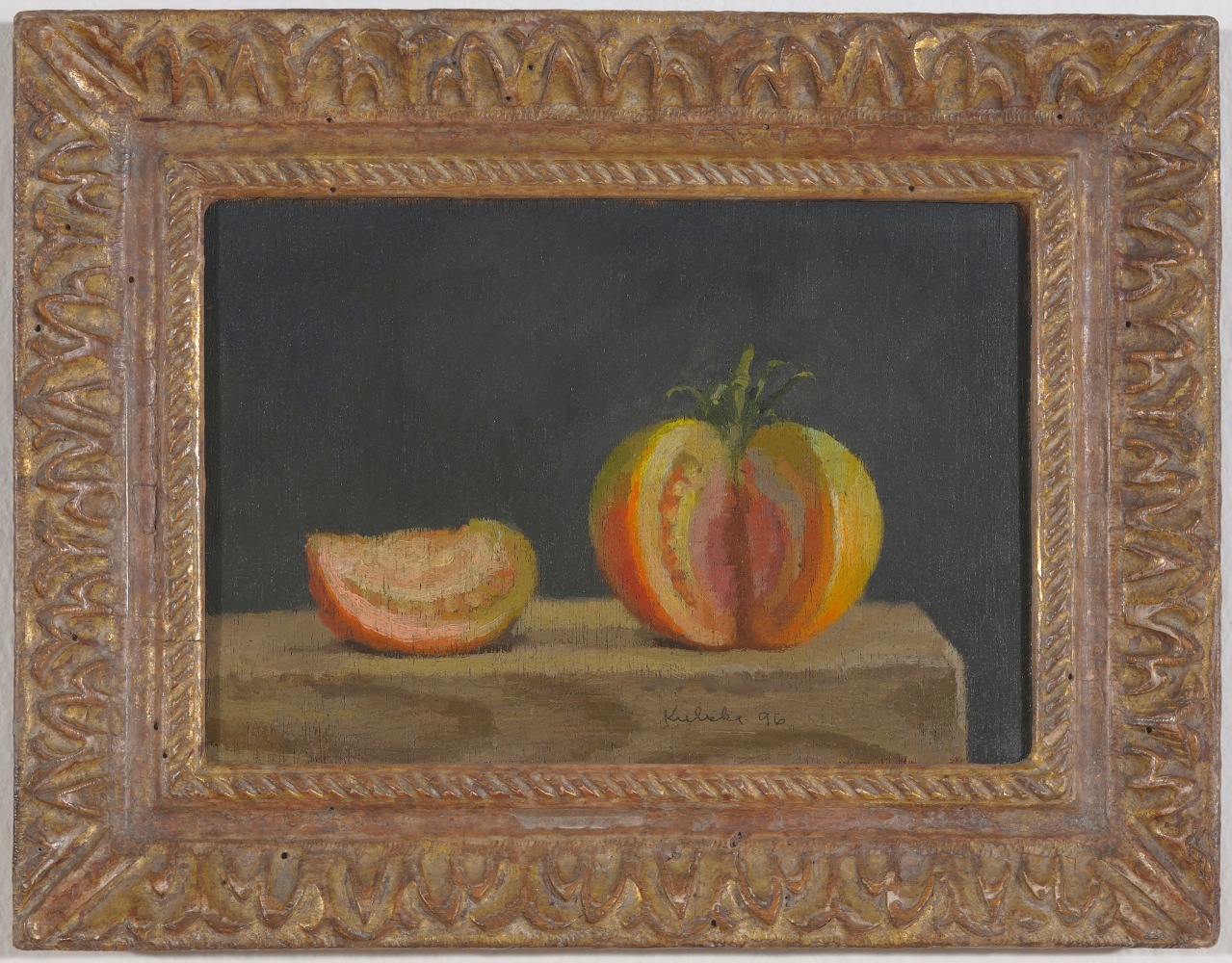 Robert M. Kulicke Red-Green Tomato, Wedge Removed and Alongside, on a Dark Grey Background, 1996 oil on wood panel 6 5/8 x 9 7/16 in.