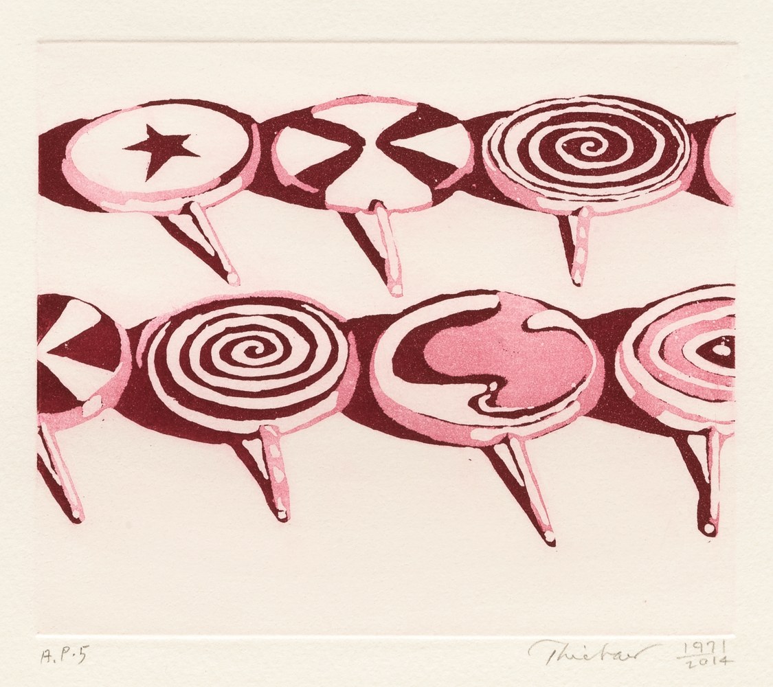 Wayne Thiebaud Little Red Suckers,1971/2014 aquatint, A.P. 4 5 x 6 in. [image]; 10 x 10 1/2 in. [sheet]