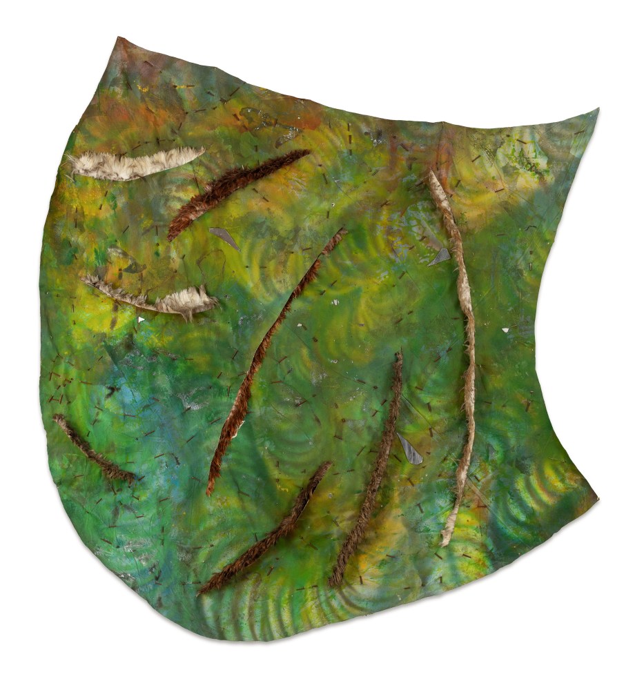 Carlos Villa Waikiki (Little Wave), 1972 acrylic on rough canvas with strips of feathers, nails, mirror, and blood approx. 94 x 94 x 3 in.
