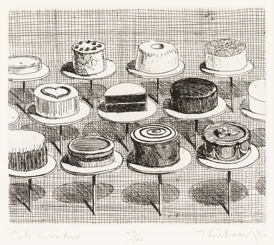 Wayne Thiebaud Cake Window, from the series, Delights, 1964 etching, ed. 74/100 5 x 6 in. [image]; 12 7/8 x 10 7/8 in. [sheet]