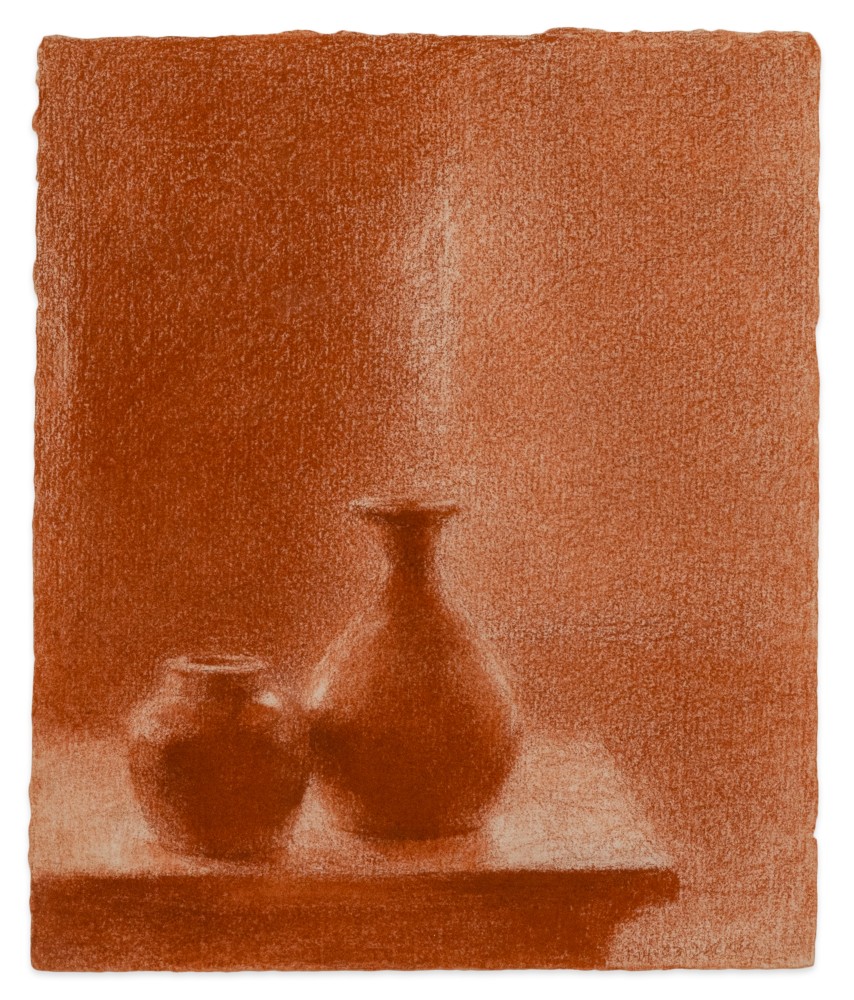 Fred Dalkey Plum Wine Bottle and Ginger Jar, 2003 sanguine Conté crayon on paper 10 1/4 x 8 1/2 in.