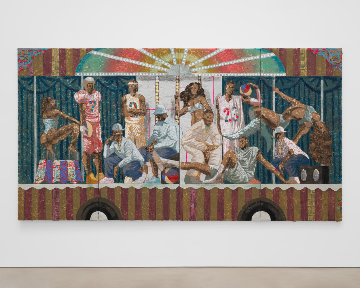 Derek Fordjour

The Parthenon of Truncated Ambition

2023

Acrylic, charcoal, cardboard, glitter, oil pastel and foil on newspaper mounted on canvas

75 x 140 inches

190.5 x 355.6 cm

(DF 23/023)