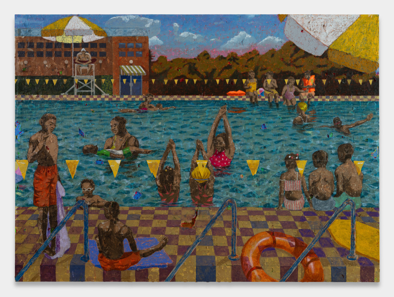 Derek Fordjour

Swimming Lessons

2023

Acrylic, charcoal, cardboard, oil pastel and foil on newspaper mounted on canvas

72 x 96 inches

182.9 x 243.8 cm

(DF 23/018)