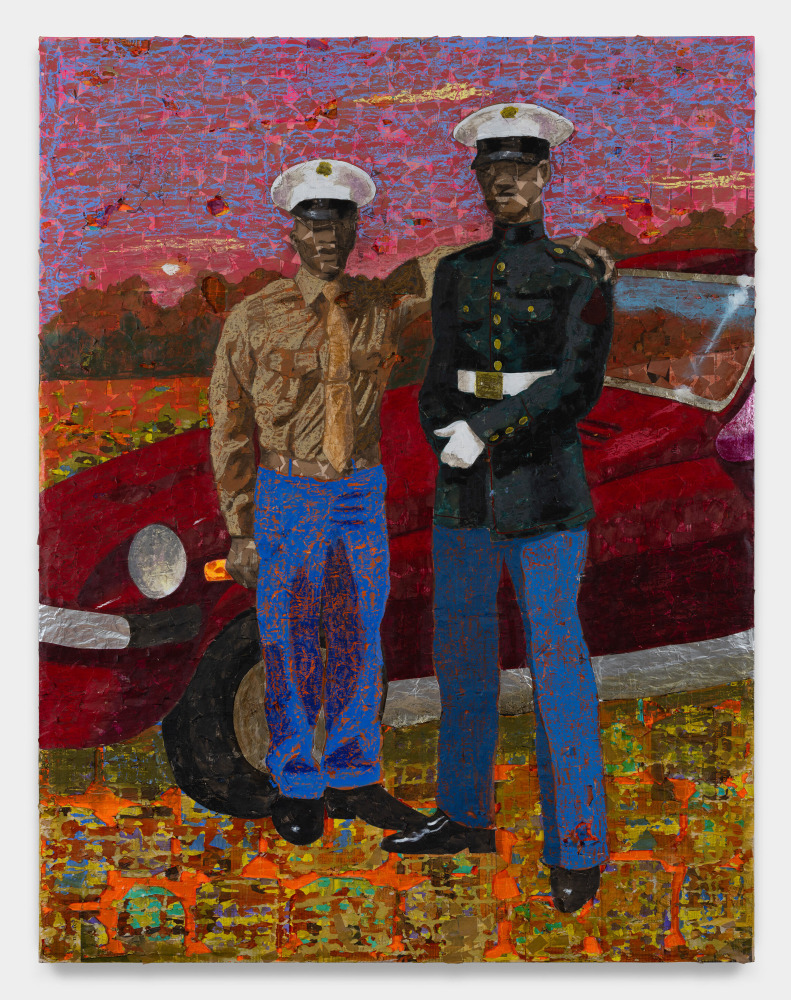 Derek Fordjour

Twinkle Town Marines

2023

Acrylic, charcoal, cardboard, oil pastel and foil on newspaper mounted on canvas

85 x 65 inches

215.9 x 165.1 cm

(DF 23/016)