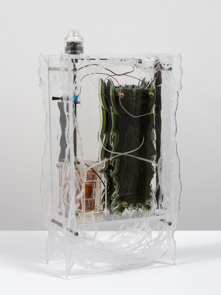 Harris Rosenblum

Censer (Mechanical Squonk Mod)

2023

Vulcanized prosthetic latex, hand wound nichrome wire 0.8 Om inductors (alienweave 3 wire pattern), Cotton Bacon brand organic carded cotton, WASP squonk convertible mech atomizer, brass, custom squonk mod adapter, CNC engraved copper plate, 9v batteries, wire, acrylic, paint, motherboard standoffs mechanical switch, hardware

14 x 14 x 8 inches

35.6 x 35.6 x 20.3 cm

(FP 24/005)