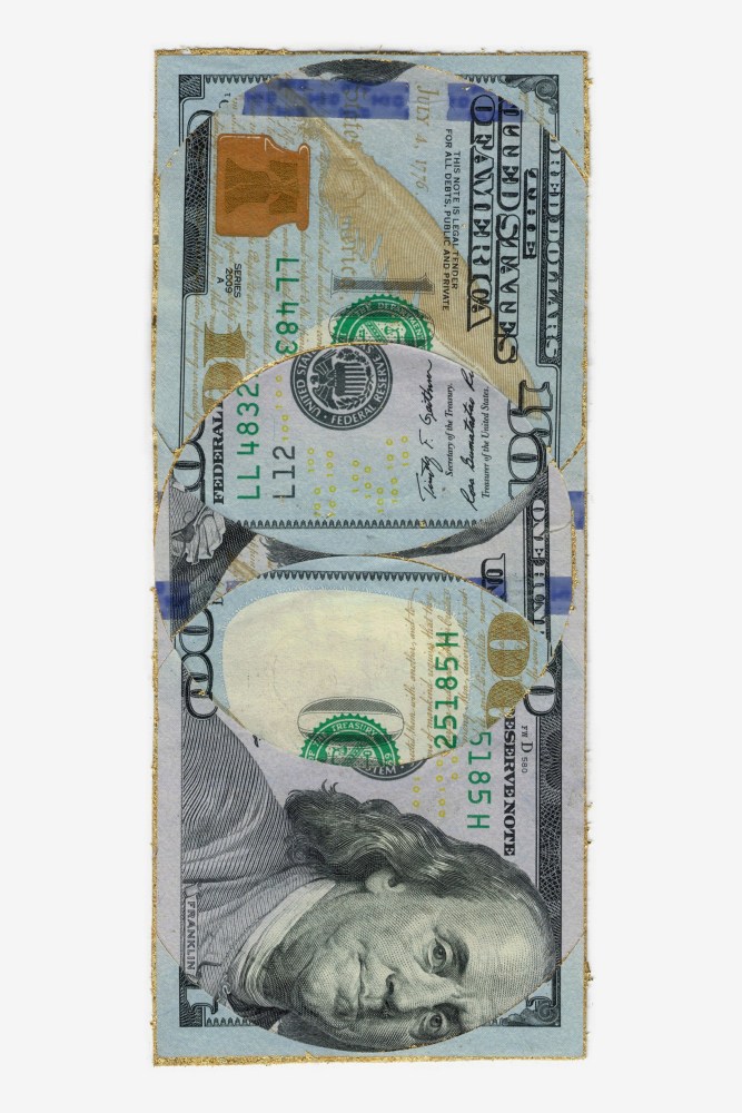 
WALEAD BESHTY

Blind Collage (Three 180&amp;deg; Rotations, United States Federal Reserve Bank One-Hundred-Dollar Note)

2022

US Federal Reserve one hundred-dollar note, tape, 24 karat gold leaf

6.1 x 2.6 inches / 15.6 x 6.5 cm


$10,000
&amp;nbsp;