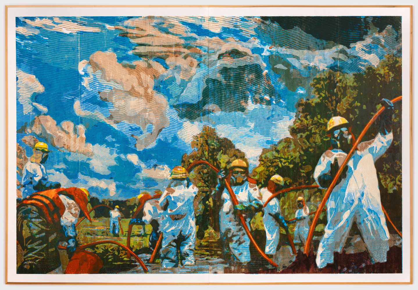 Zorawar Sidhu and Rob Swainston

Brownfield

2023-2024

Multi-color woodcut on fabric

Framed: 101 7/8 x 147 3/4 inches

258.8 x 375.3 cm

Edition of 3 + 1 AP

(ZSRS 24/007)