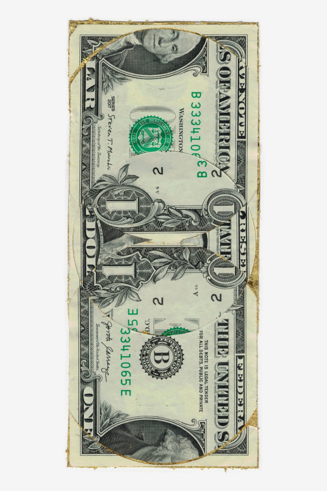 
WALEAD BESHTY

Blind Collage (Three 180&amp;deg; Rotations, United States Federal Reserve One-Dollar Note)

2022

US Federal Reserve one-dollar note, tape, 24 karat gold leaf

6.1 x 2.6 inches / 15.6 x 6.5 cm


$100
&amp;nbsp;