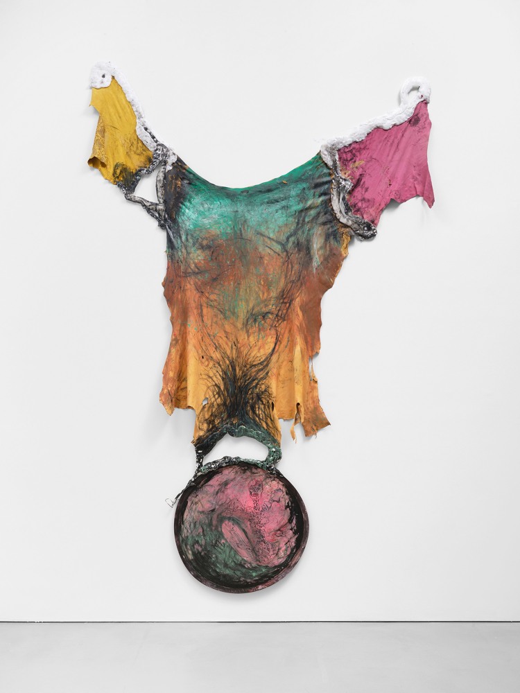 Raphaela Vogel

Foxy Lady

2023

Oil lacquer, oil paint and marker on goat and deer leather, recyclable plastic, and reflector

141.7 x 90 x 2 inches

360 x 228.6 x 5 cm

(RV 23/028)