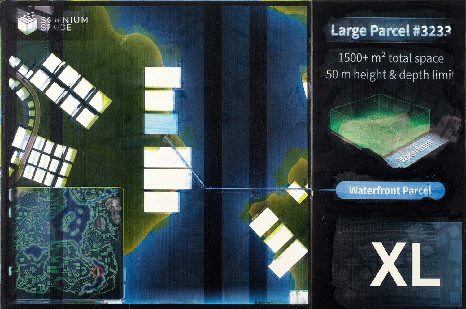 Simon Denny

Metaverse Landscape 20: Somnium Space Extra Large #3233 (XL)

2023

Oil on canvas, UV print, Ethereum paper wallet, dynamic ERC-721 NFT

59.06 x 39.37 x 1.77 inches

150 x 100 x 4.5 cm