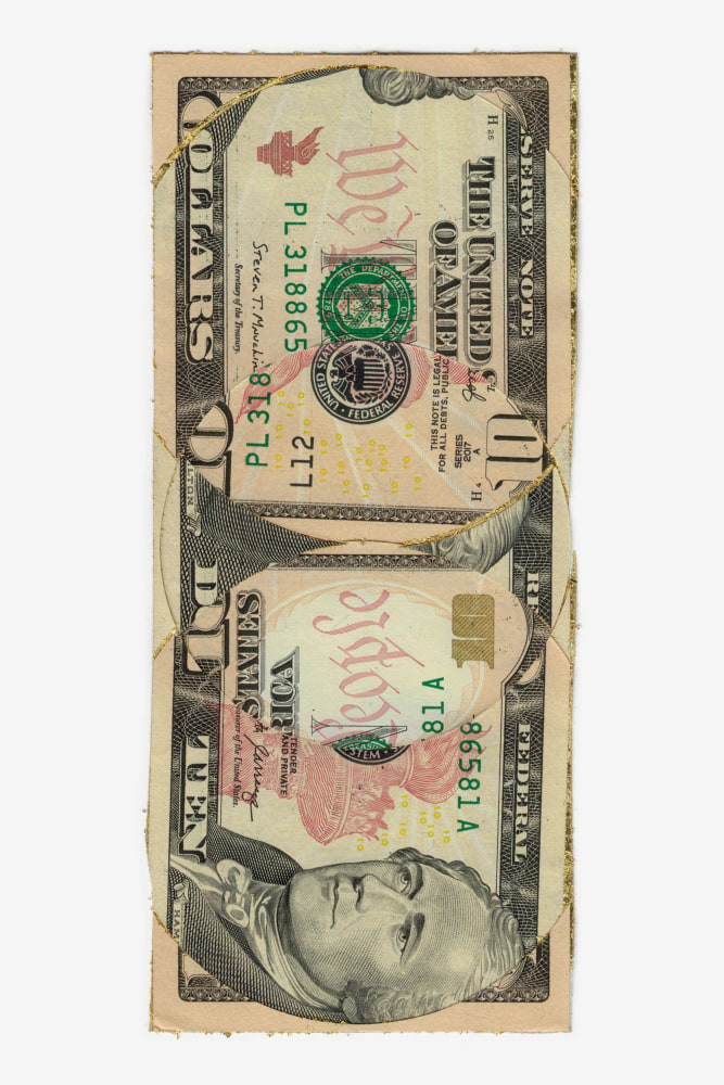 
WALEAD BESHTY

Blind Collage (Three 180&amp;deg; Rotations, United States Federal Reserve Ten-Dollar Note)

2022

US Federal Reserve ten-dollar note, tape, 24 karat gold leaf

6.1 x 2.6 inches / 15.6 x 6.5 cm


$1,000
&amp;nbsp;