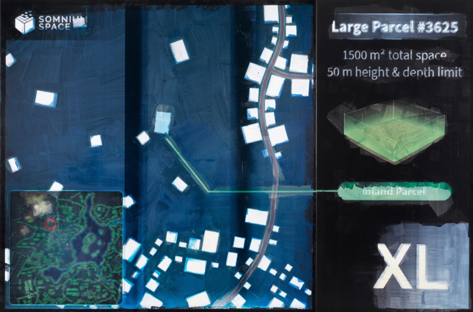 Simon Denny

Metaverse Landscape 27: Somnium Space Extra Large #3625 (XL)

2023

Oil on canvas, UV print, Ethereum paper wallet, dynamic ERC-721 NFT

118.11 x 78.74 x 1.77 inches

300 x 200 x 4.5 cm