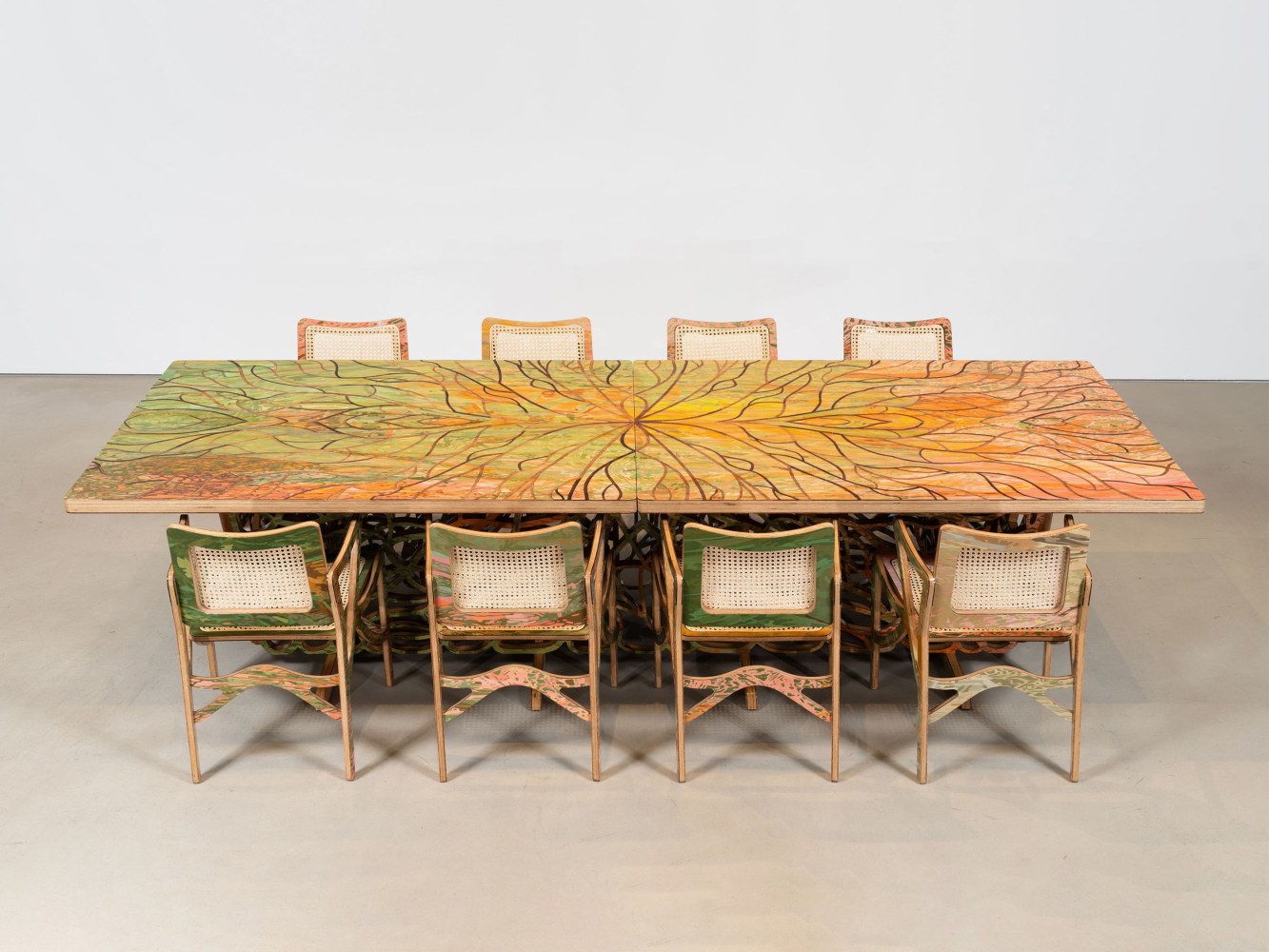 Jorge Pardo

Udo&amp;rsquo;s Table and Chairs

2023

Plywood with Tornillo veneer, acrylic paint, lacquer, andwicker

Table: 34.25 x 122 x 43.3 inches / 87 x 310 x 110 cm

Chairs: 30 x 29 x 22 inches / 77 x 58 x 55 cm

(JP 23/018)