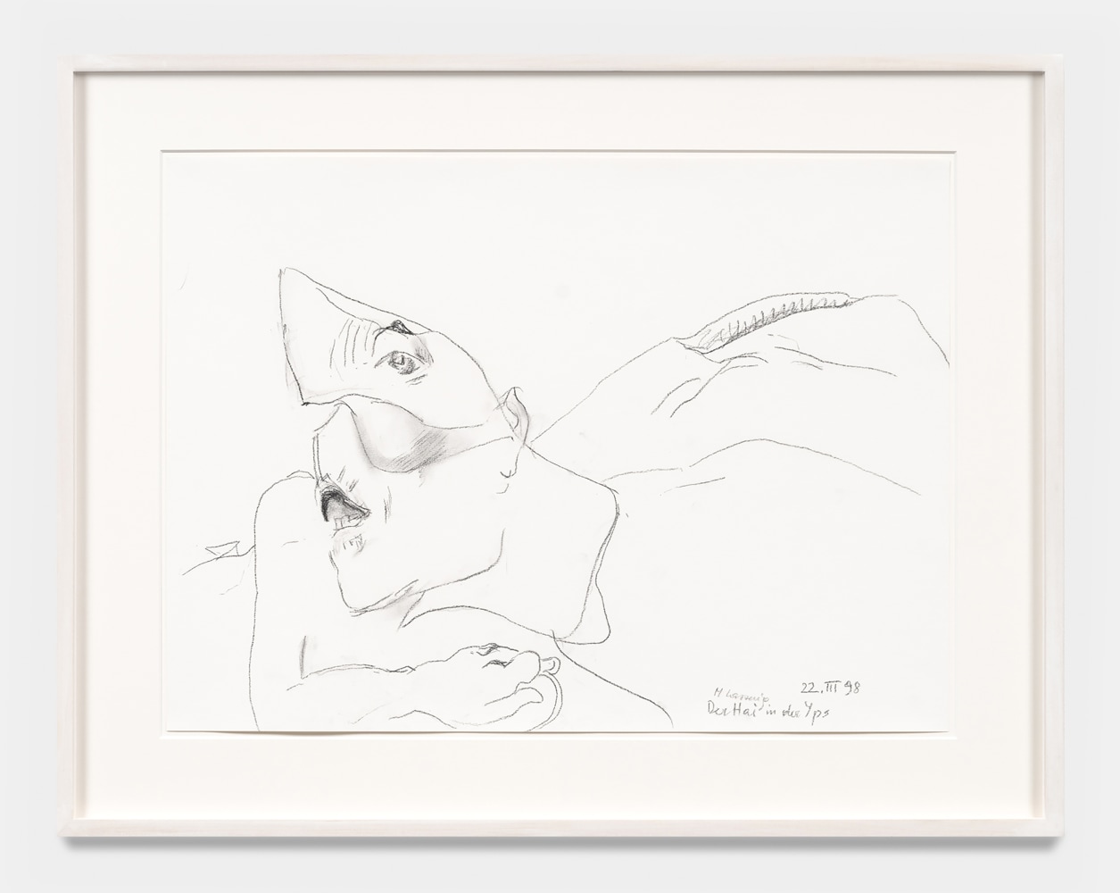 Maria Lassnig

Der Hai in der Yps [Ybbs]

(The Shark in the River Ybbs)

1998

Charcoal on paper

23.6 x 30.4 inches

60 x 77.2 cm

(ML 24/021)
