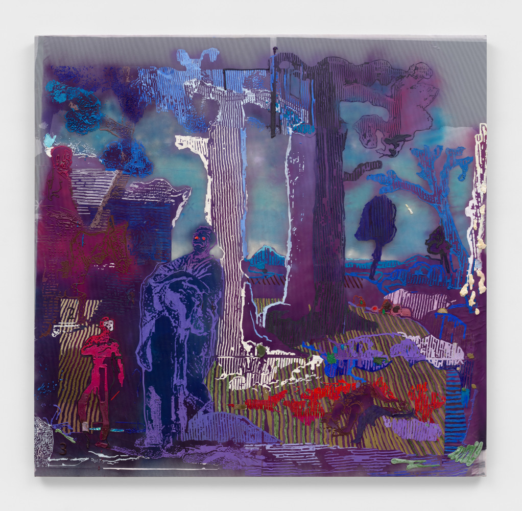 Austin Martin White

Massacre of the Children of Bethel Variation 5 (after B. Thompson), 2025

Acrylic medium, pigment, rubber, spray paint, vinyl, egg tempera, screen mesh, 3M reflective fabric, scrim, paper

100 x 102 1/8 in
254 x 259.4 cm

(AMW 25/022)