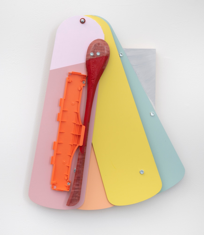 JESSICA STOCKHOLDER
Skipping a Beat
[JS 786]
2019
Wooden fan blades, plastic infused wooden spoon, plastic part, hardware, wood covered panel, oil paint and acrylic paint
16 by 16 by 3 1/2 in.&amp;nbsp; 40.6 by 40.6 by 8.9 cm.
MI&amp;amp;N 16932

$18,000