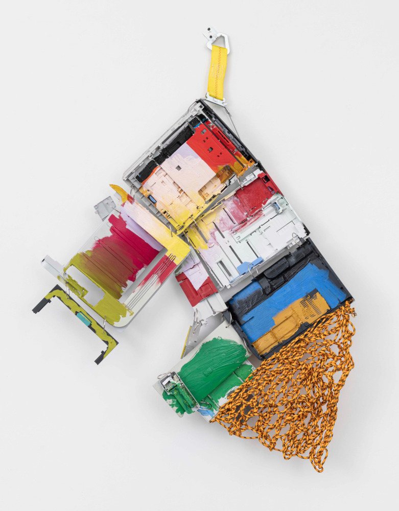JESSICA STOCKHOLDER
Caucus
[JS 750]
2018
Rope, plastic electronic parts, hardware, webbing and oil paint
56 by 39 by 10 in.&amp;nbsp; 142.2 by 99.1 by 25.4 cm.
MI&amp;amp;N 14964

$35,000