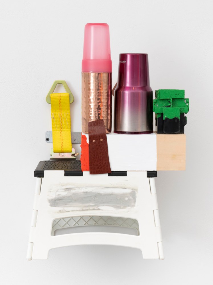 JESSICA STOCKHOLDER
Sticking Faith Together
[JS 746]
2018
Plastic folding stool, balsa wood, three drinking containers, electronic part, two webbing hardware pieces, hardware, acrylic paint, oil paint and Lexel caulking
23 by 15 by 11 in.&amp;nbsp; 58.4 by 38.1 by 27.9 cm.
MI&amp;amp;N 14684

$25,000