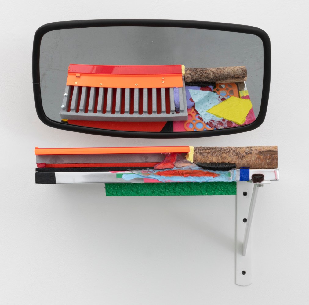 JESSICA STOCKHOLDER
Landscape Truck Mirror
[JS 845]
2020
Glass shelf, steel frame, metal bracket, truck mirror, oil paint, acrylic paint, wool felt, rubber pad, plastic mesh, fluorescent plastic reflector, plastic grill, branch, hardware, silicone, painted styrofoam, glue and sculpey
19 by 16 by 12 1/2 in.&amp;nbsp; 48.3 by 40.6 by 31.8 cm.
MI&amp;amp;N 16933

$25,000