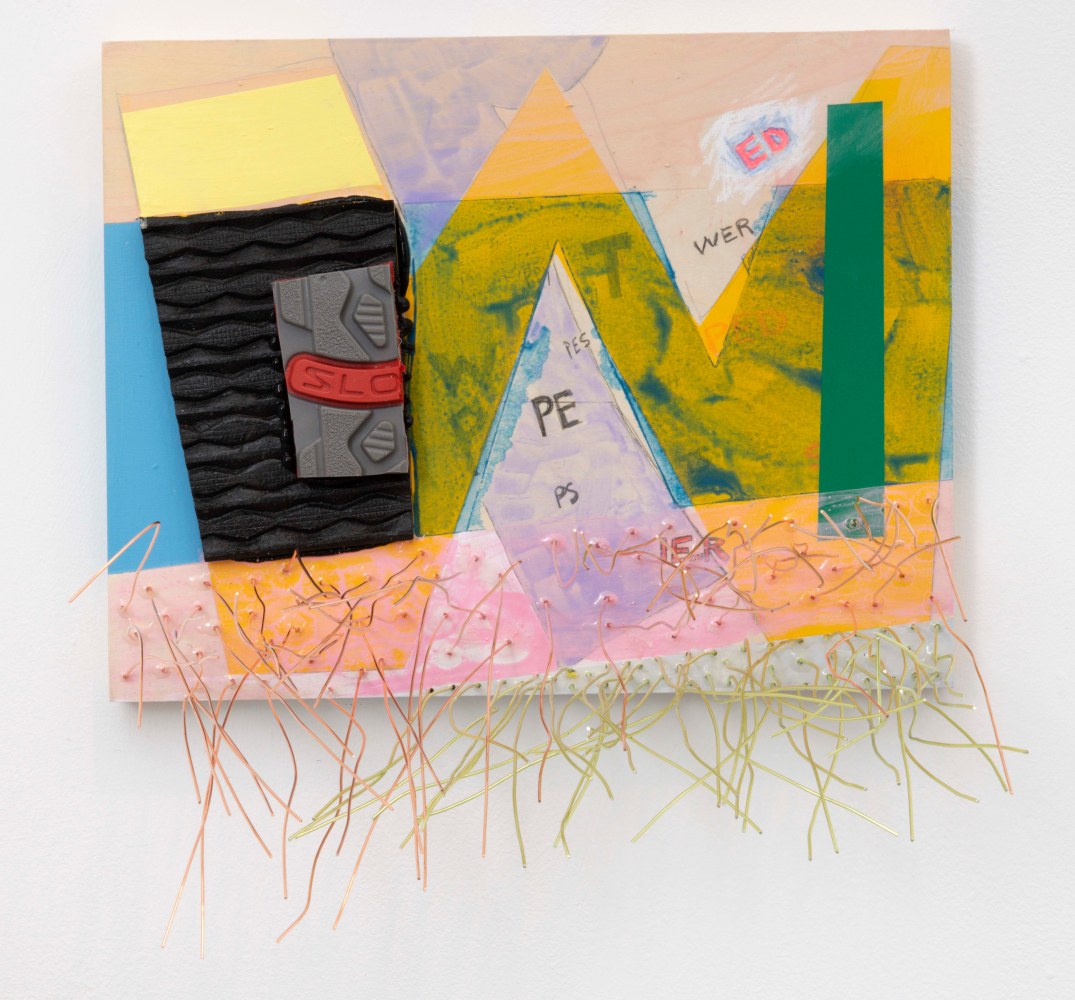 JESSICA STOCKHOLDER
Tire Tracks
[JS 844]
2020
Wood panel, acrylic paint, wire, rubber boot tread, pencil, colored pencil, glue and silicone
12 by 9 by 7 in.&amp;nbsp; 30.5 by 22.9 by 17.8 cm.
MI&amp;amp;N 16898

$15,000