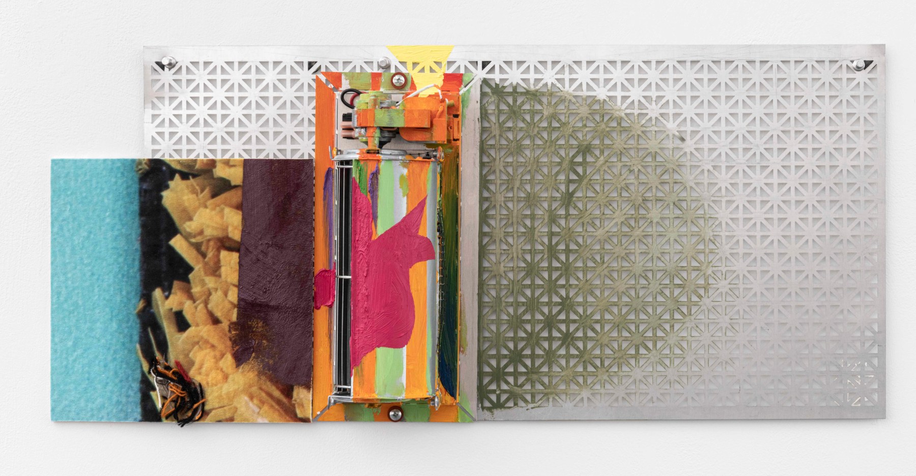 JESSICA STOCKHOLDER
Through the Rain
[JS 790]
2020
Perforated metal plate, heating vent fan, photo printed on velvet carpet, glue, oil paint, hardware and aluminum push pins
12 1/2 by 27 1/2 by 5 in.&amp;nbsp; 31.8 by 69.9 by 12.7 cm.
MI&amp;amp;N 16890

$20,000