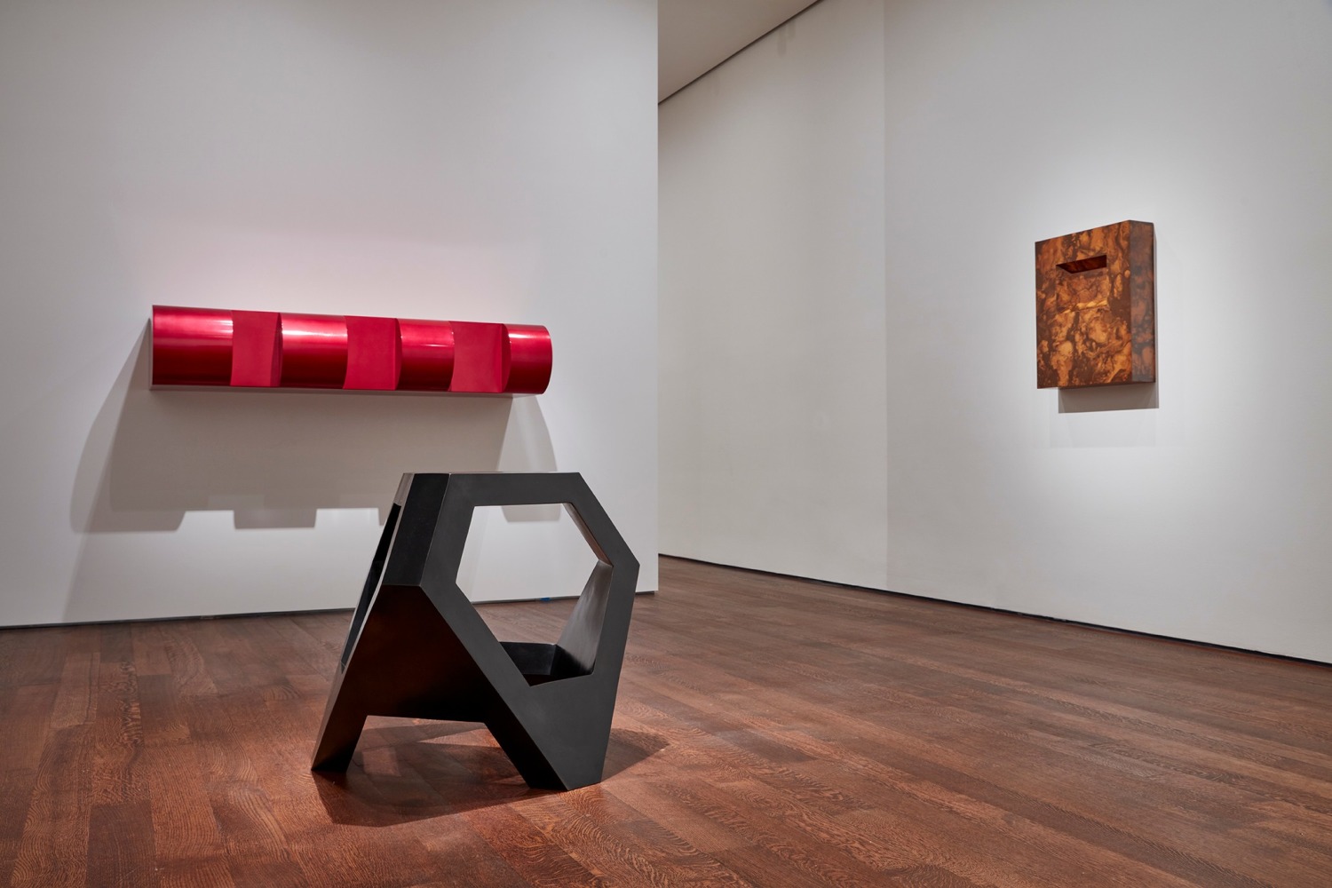 Tony Smith, Generation,&amp;nbsp;1965;&amp;nbsp;Donald Judd,&amp;nbsp;Untitled (DSS #108 - first version),&amp;nbsp;1967;&amp;nbsp;and Richard Artschwager, Small Construction with Indentation,&amp;nbsp;1966, on view in&amp;nbsp;less: minimalism in the 1960s.