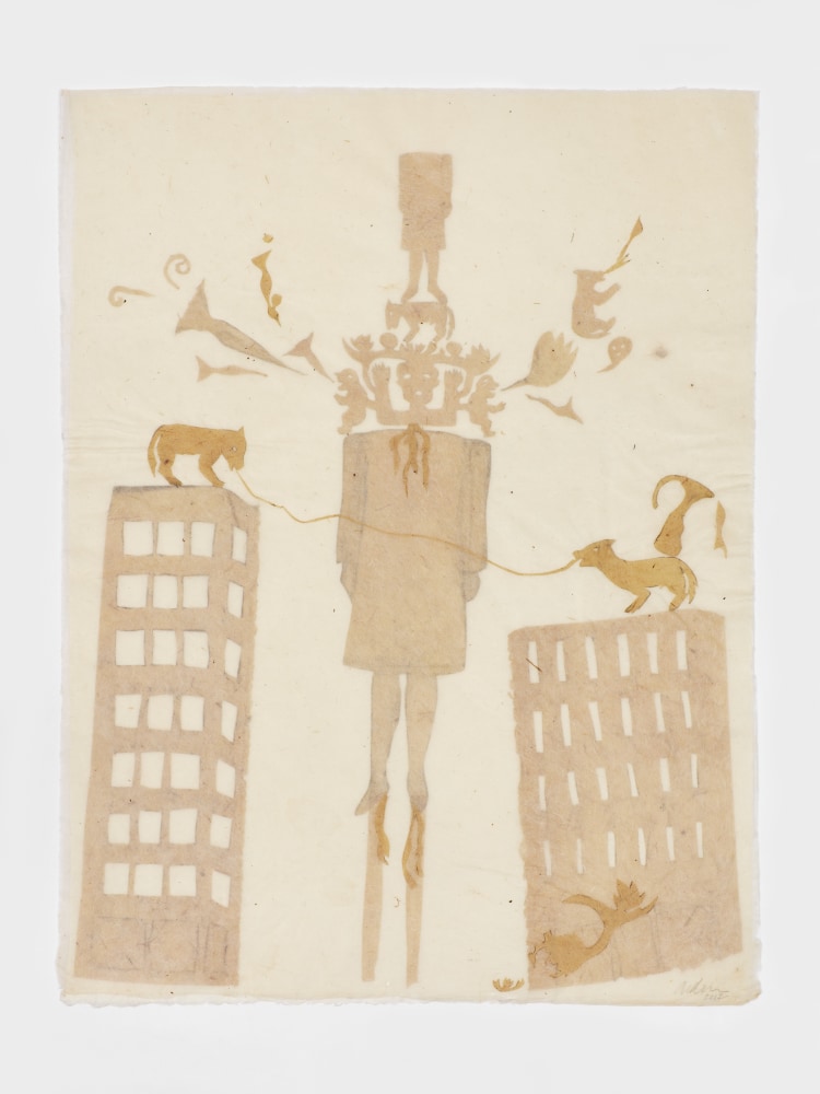 A beige paper collage shows a figure on stilts between skyscrapers and two dogs pulling a thread in front of them.