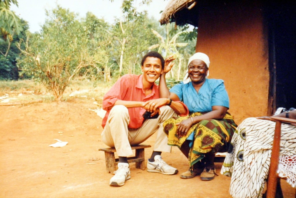 Barack Obama sits with paternal grandmother, Sarah, during his first trip to Kenya, 1988 (Courtesy Barack Obama Presidential Library)