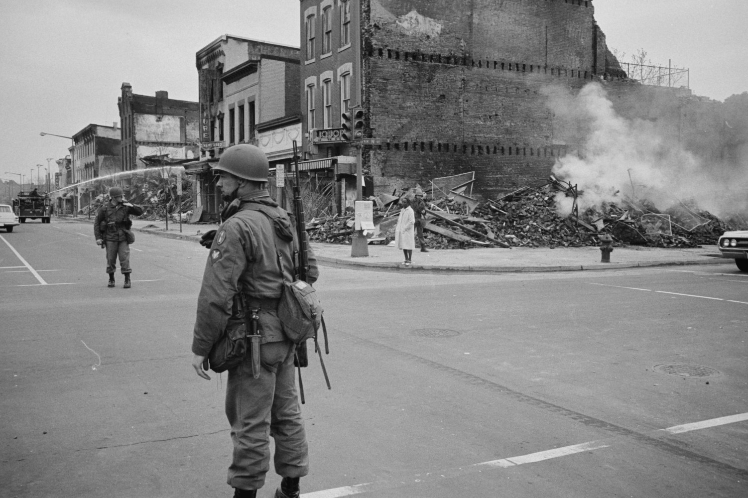 Soldier standing guard during the riots that followed the assassination of Dr. Martin Luther King, Jr., Washington, D.C., April 5, 1968 (Courtesy Library of Congress)