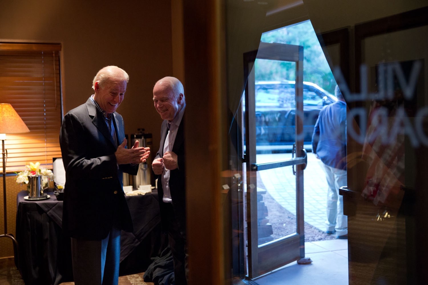 Vice President Joe Biden talks with Senator John McCain before speaking at the McCain Institute for International Leadership Sedona Forum in Sedona, Arizona. April 26, 2013 (Official White House Photo by David Lienemann, Courtesy the White House)