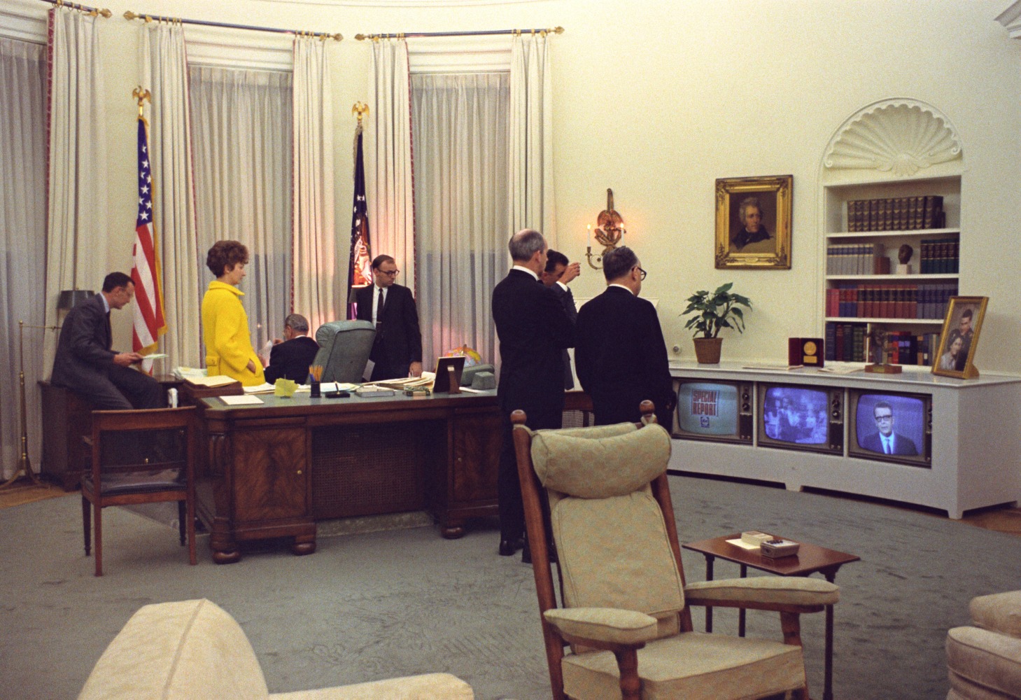 President Lyndon Johnson and members of his staff watch TV news reports concerning the assassination of Dr. Martin Luther King Jr., the White House, Washington D.C., April 4, 1968 (Courtesy LBJ Presidential Library)