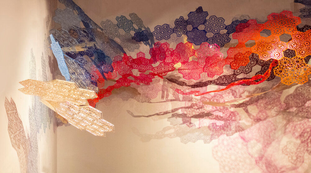 Installation View: Cosmic Veils, 2020,&amp;nbsp;Laser-cut fluorescent &amp;amp; transparent acrylic &amp;amp; dichroic film, dimensions variable

Alexandre Hogue Gallery,&amp;nbsp;University of Tulsa, Oklahoma