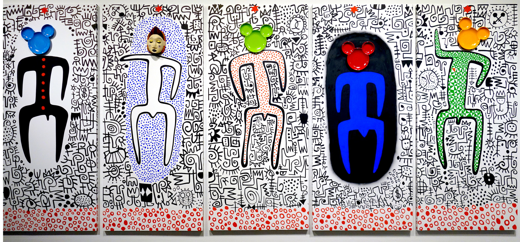 Victor Ekpuk

Mickey on Broadway (2014)

Found objects, acrylic on wood panels

84 x 36&amp;nbsp;in. each (5 panels)

Price on request