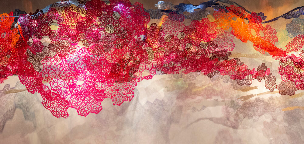 Installation View: Cosmic Veils, 2020,&amp;nbsp;Laser-cut fluorescent &amp;amp; transparent acrylic &amp;amp; dichroic film, dimensions variable

Alexandre Hogue Gallery, University of Tulsa, Oklahoma

&amp;nbsp;